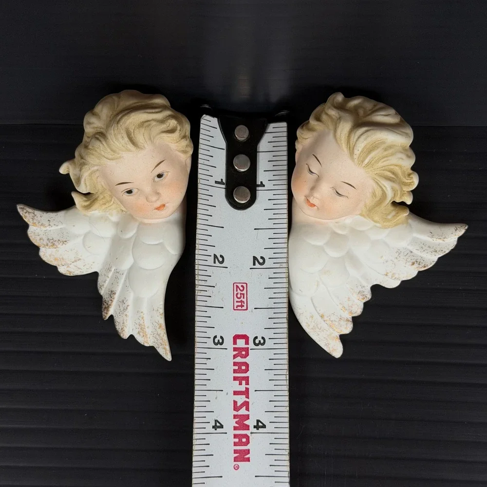 Vtg Lefton Wall Bisque Porcelain White Angel Cherub Set Gold Accent KW2342